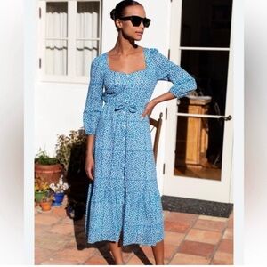Emerson Fry Lucy Meadow Midi Modest Dress Painterly Dots Blue Size S